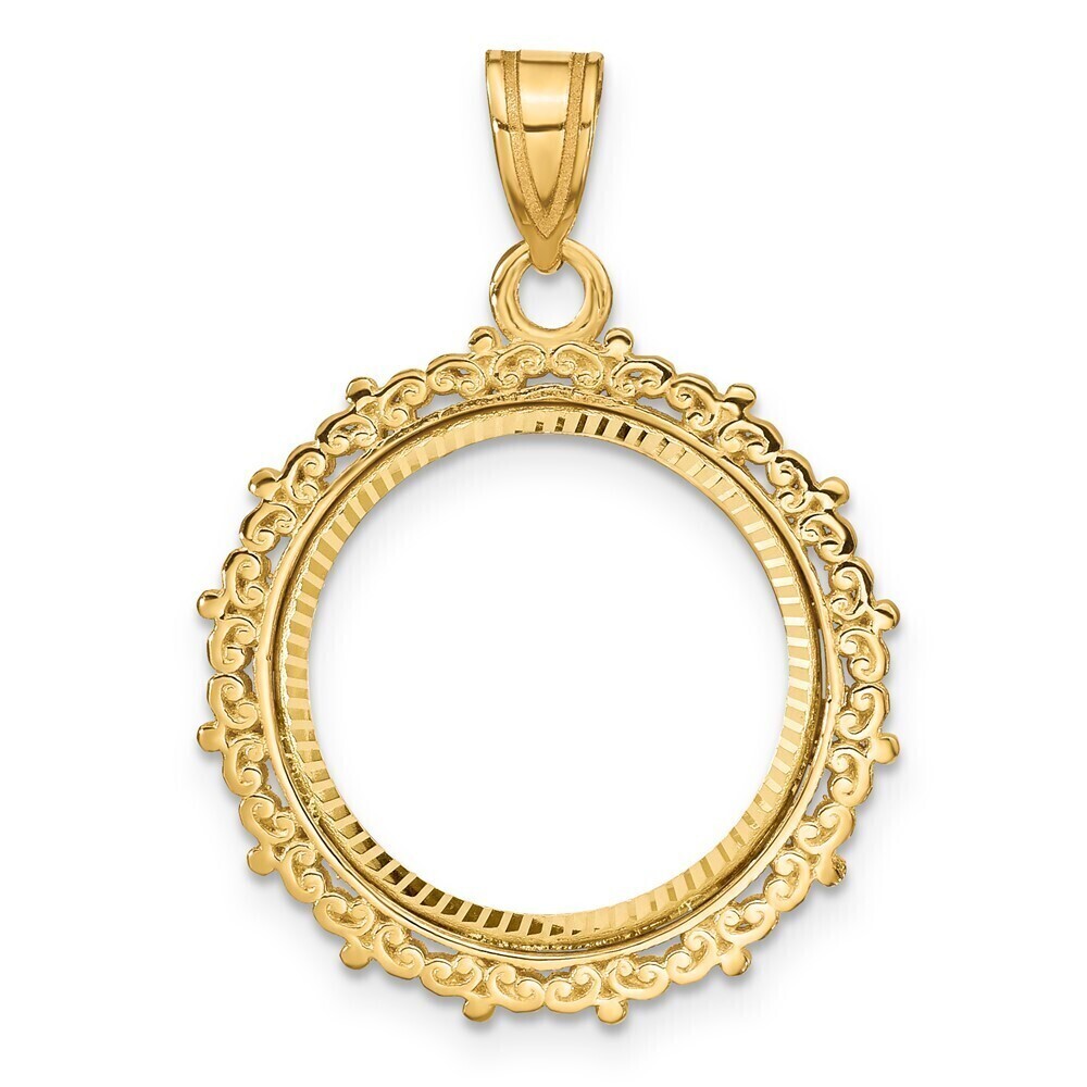 14k Yellow Gold Polished & Diamond-cut Fancy 16.5mm Prong Coin Bezel Pendant